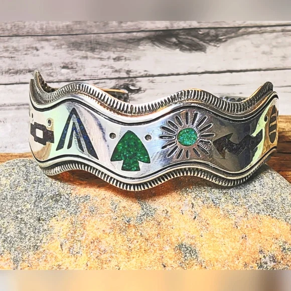 Carolyn Pollock Vintage Rare Storyteller Sterling & Inlay Stone Cuff Bracelet - Picture 9 of 10